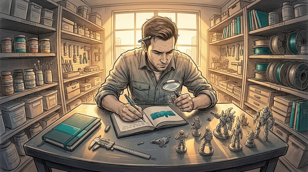 Una persona examina detalladamente unas figuras creadas con impresión 3D sobre su escritorio.