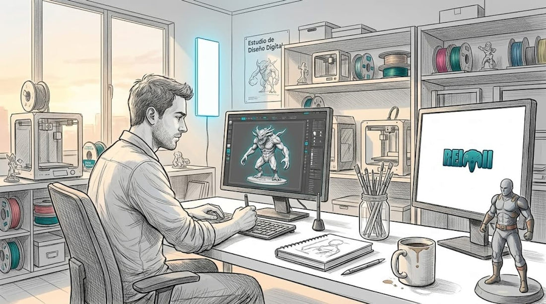 Artista digital retocando una escultura en 3D en su taller