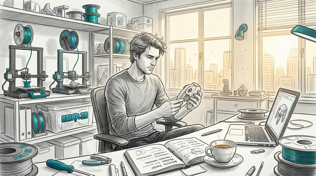 Diseñador revisando un modelo impreso en 3D en su estudio
