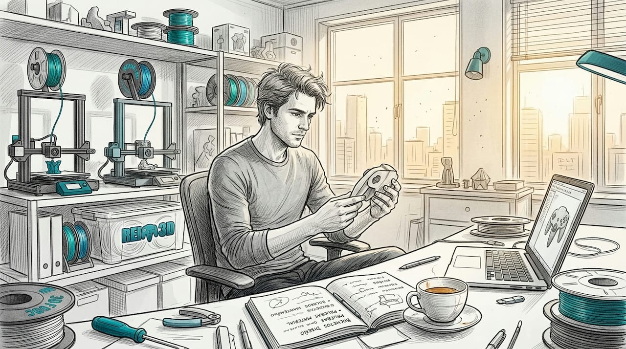 Diseñador revisando un modelo impreso en 3D en su estudio