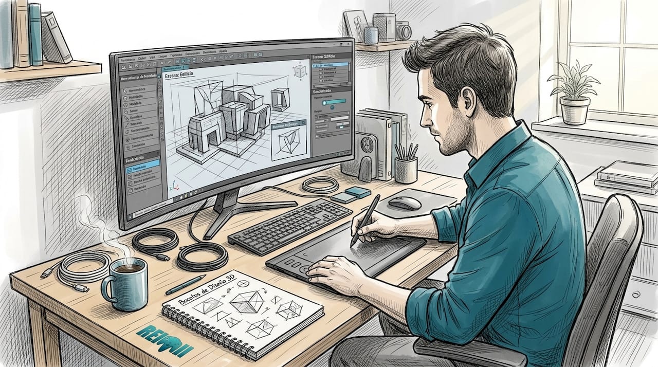 Especialista en diseño 3D trabajando en su estudio
