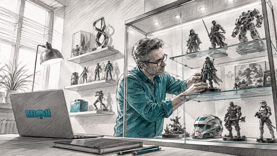 Amante de las figuras colocando su colección en una vitrina con luces LED