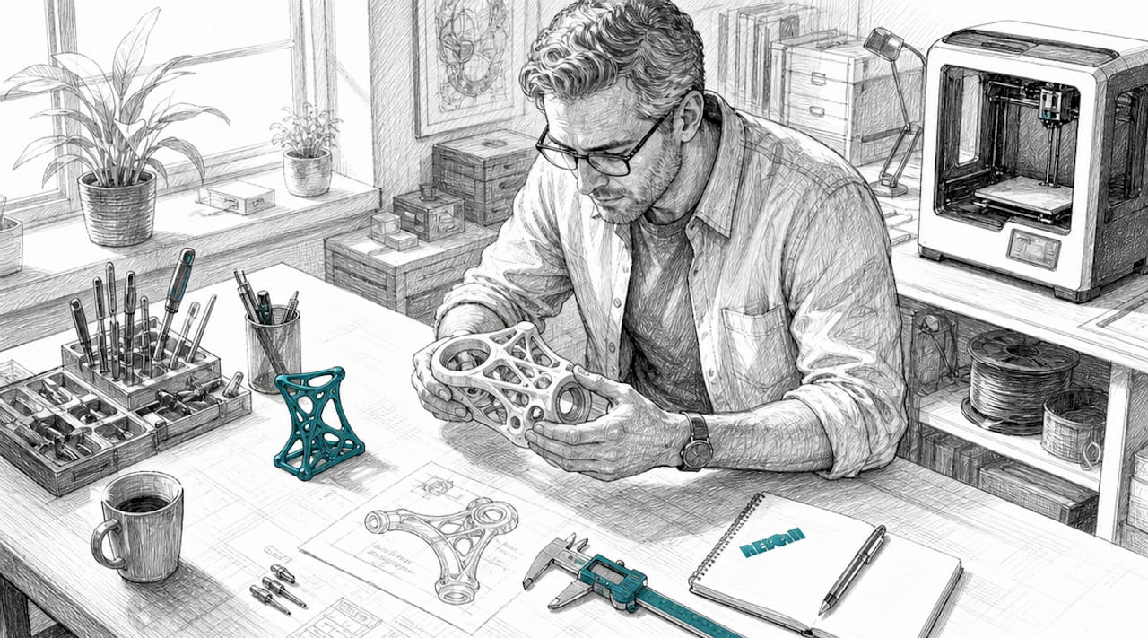 Ingeniero inspeccionando una pieza funcional impresa en 3D dentro del taller