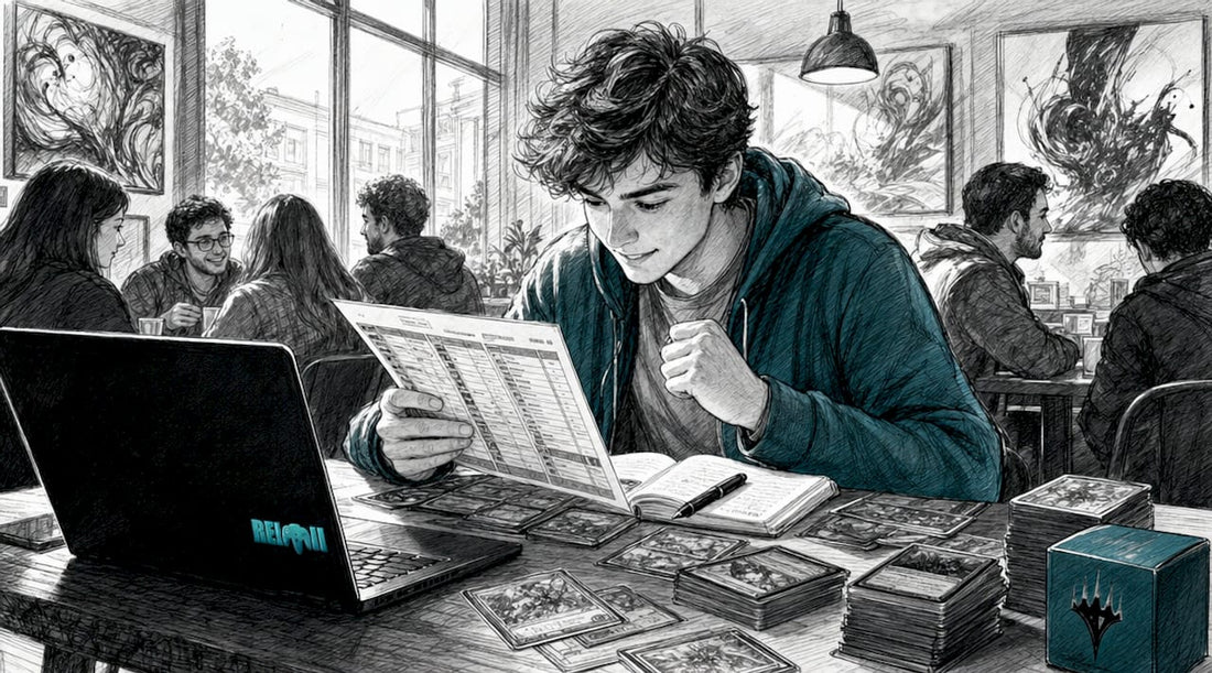 Persona revisando cartas en Cardmarket desde la comodidad de su estudio