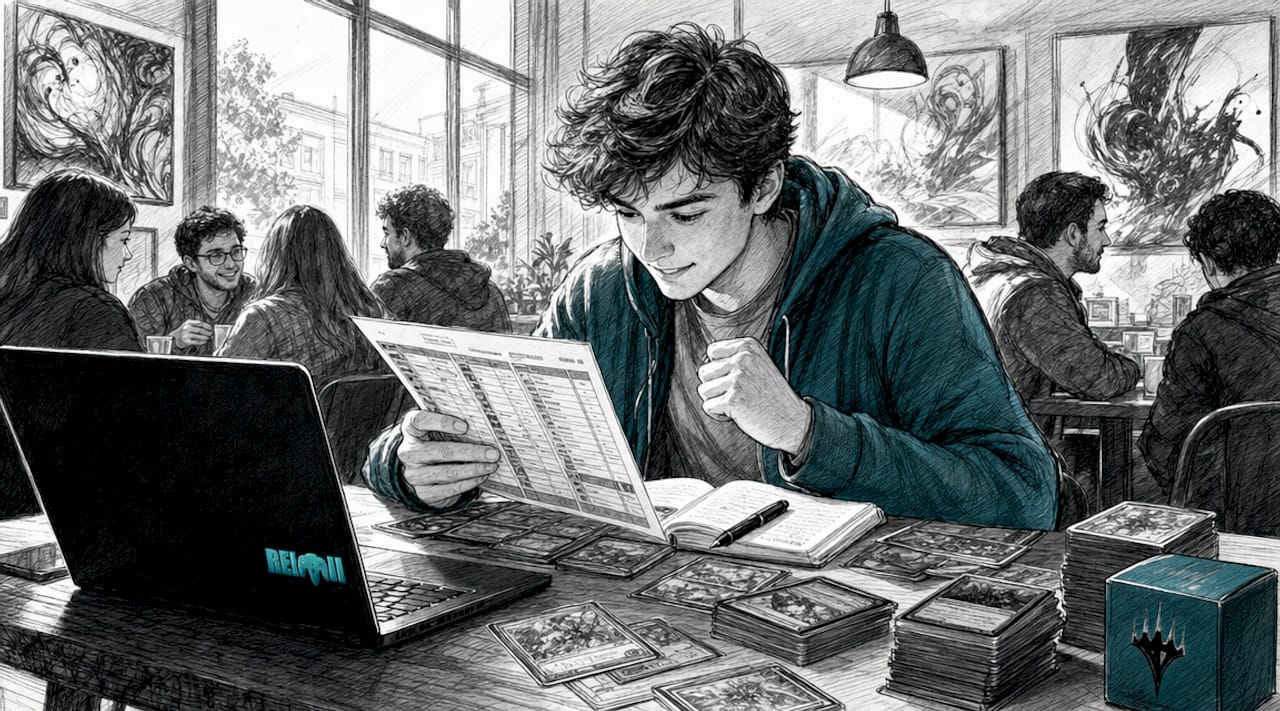 Persona revisando cartas en Cardmarket desde la comodidad de su estudio