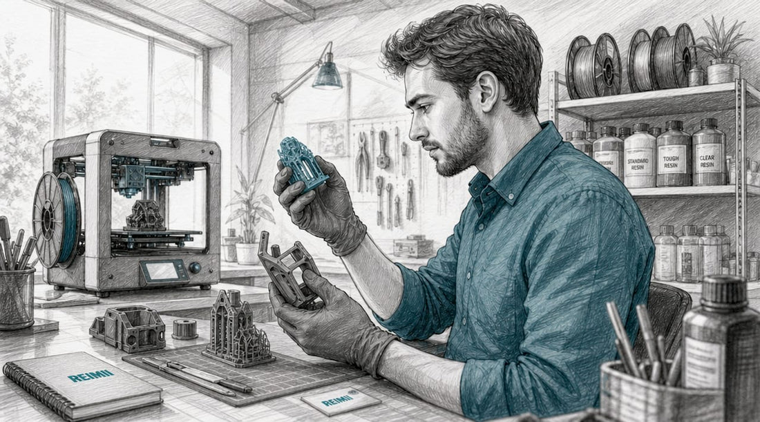 Especialista revisando piezas fabricadas mediante impresión 3D FDM y resina