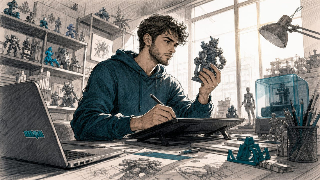 Diseñador mostrando una figura 3D recién impresa en su taller