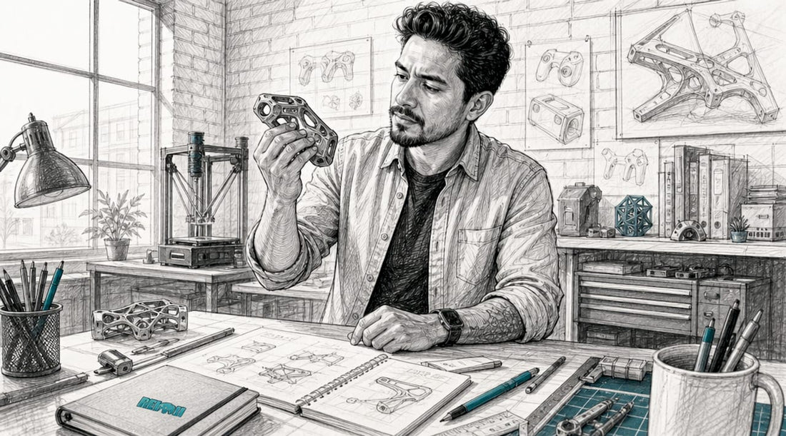 Un diseñador revisando cuidadosamente una pieza salida de la impresora 3D