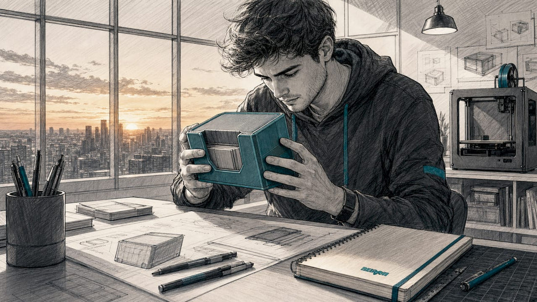 Un hombre examina una caja de colección en 3D.