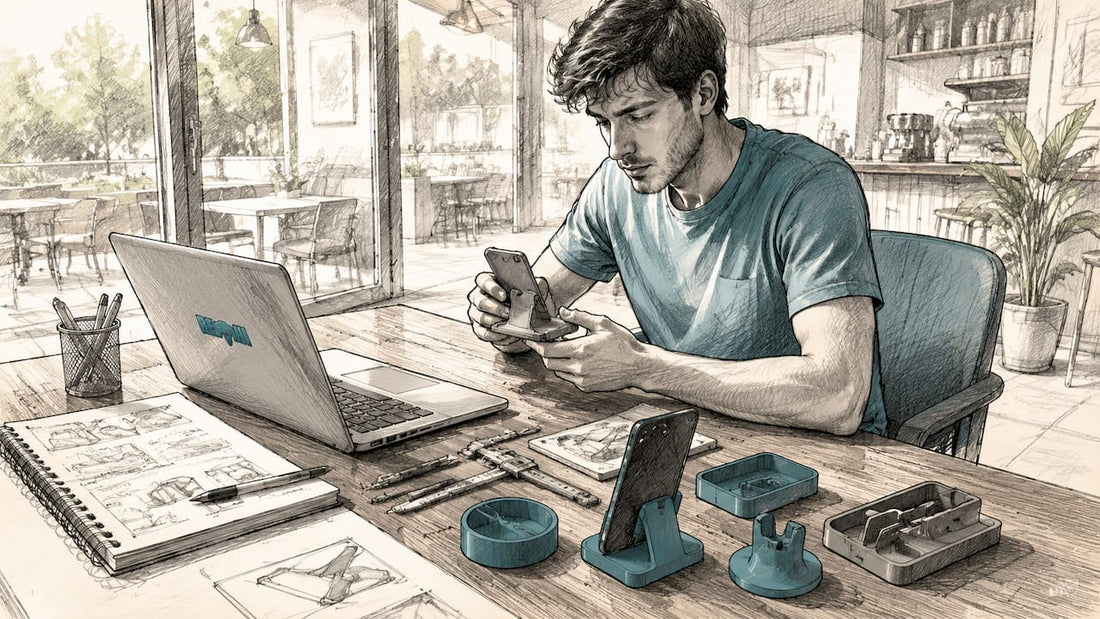 Un hombre inspecciona los accesorios sobre la mesa de su impresora 3D.