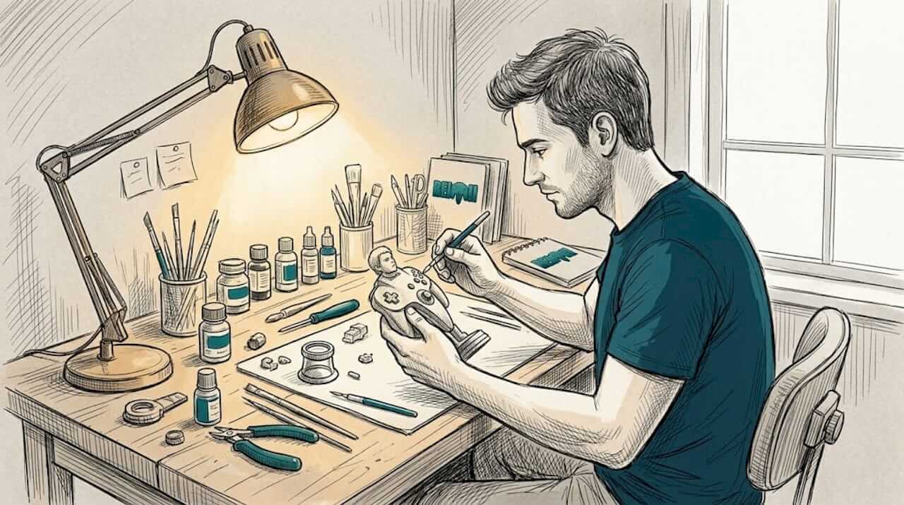 Un técnico analiza una figura impresa en 3D sobre su mesa de trabajo.