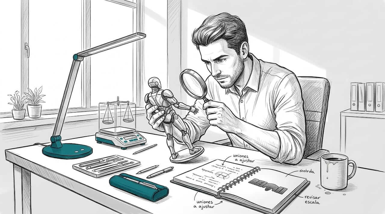 Hombre revisando una figura impresa en 3D con herramientas en mano