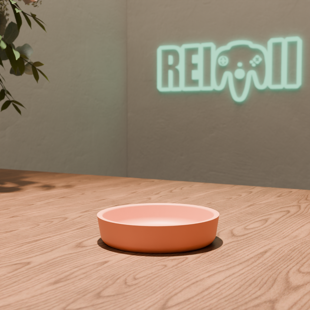 Plato para maceta impreso en 3D en color terracota con diseño minimalista y detalle grabado decorativo