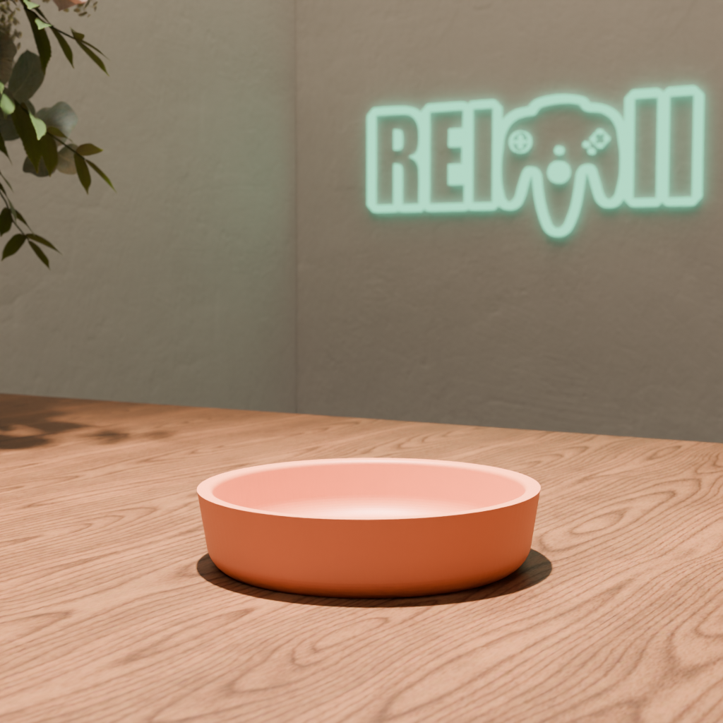 Plato para maceta impreso en 3D en color terracota con diseño minimalista y detalle grabado decorativo