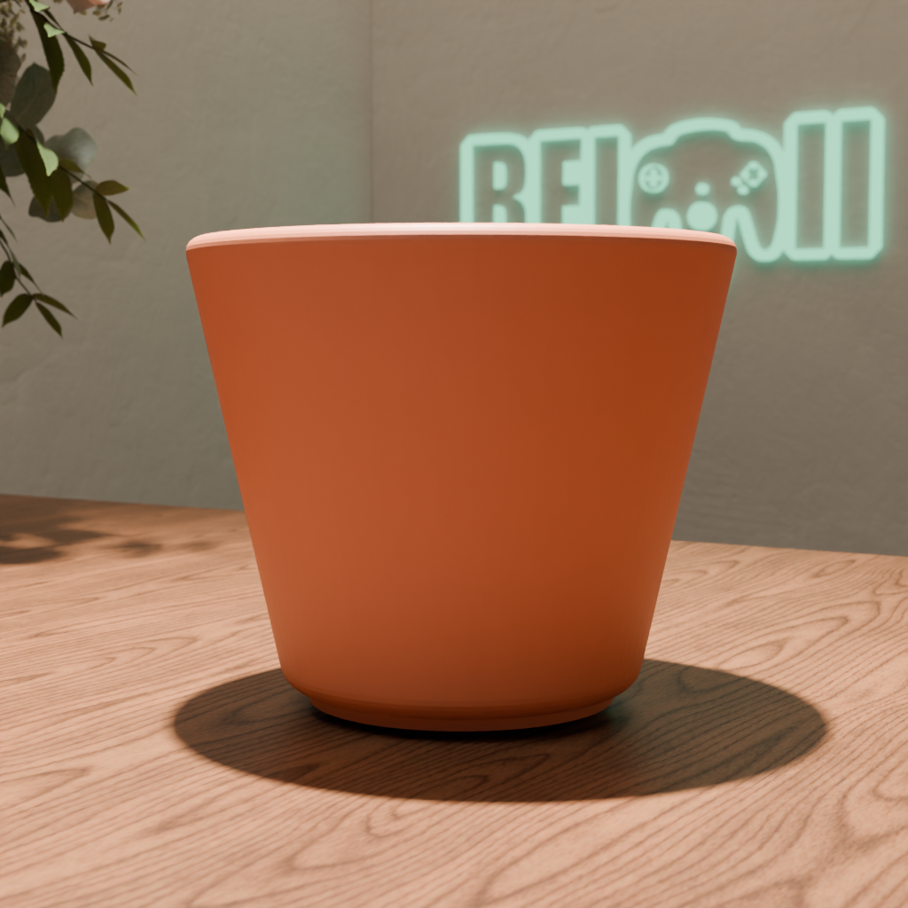 Maceta minimalista impresa en 3D en color terracota con acabado mate sobre mesa de madera
