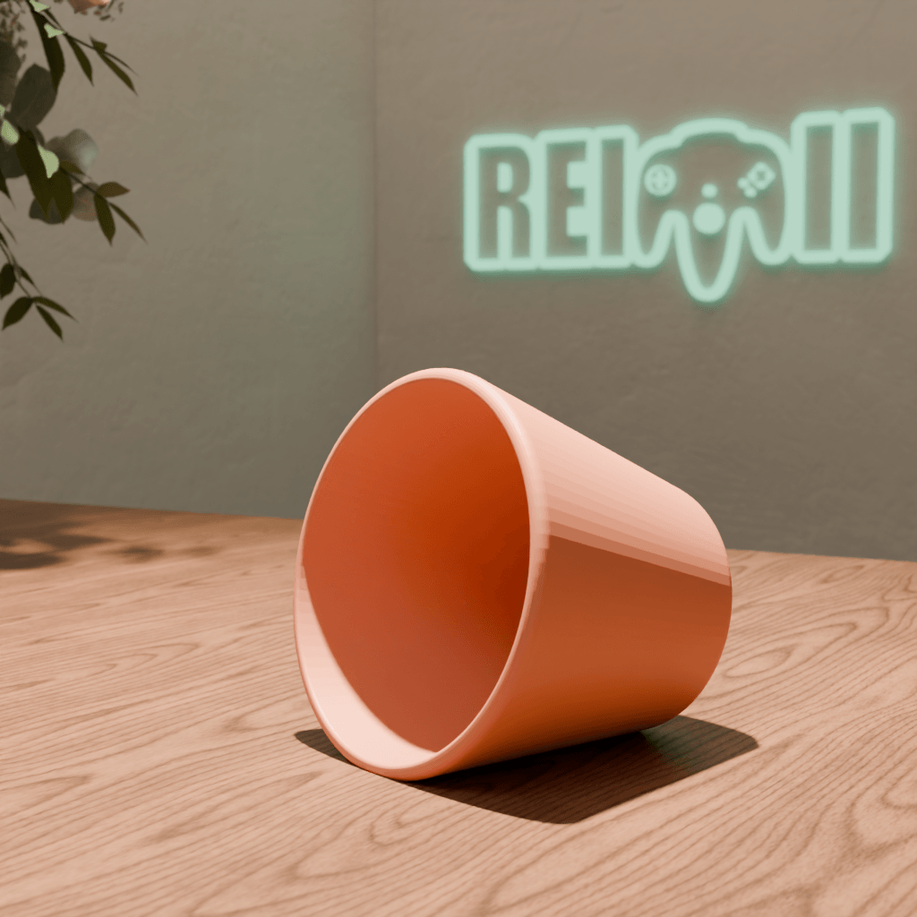 Maceta minimalista impresa en 3D en color terracota con acabado mate sobre mesa de madera