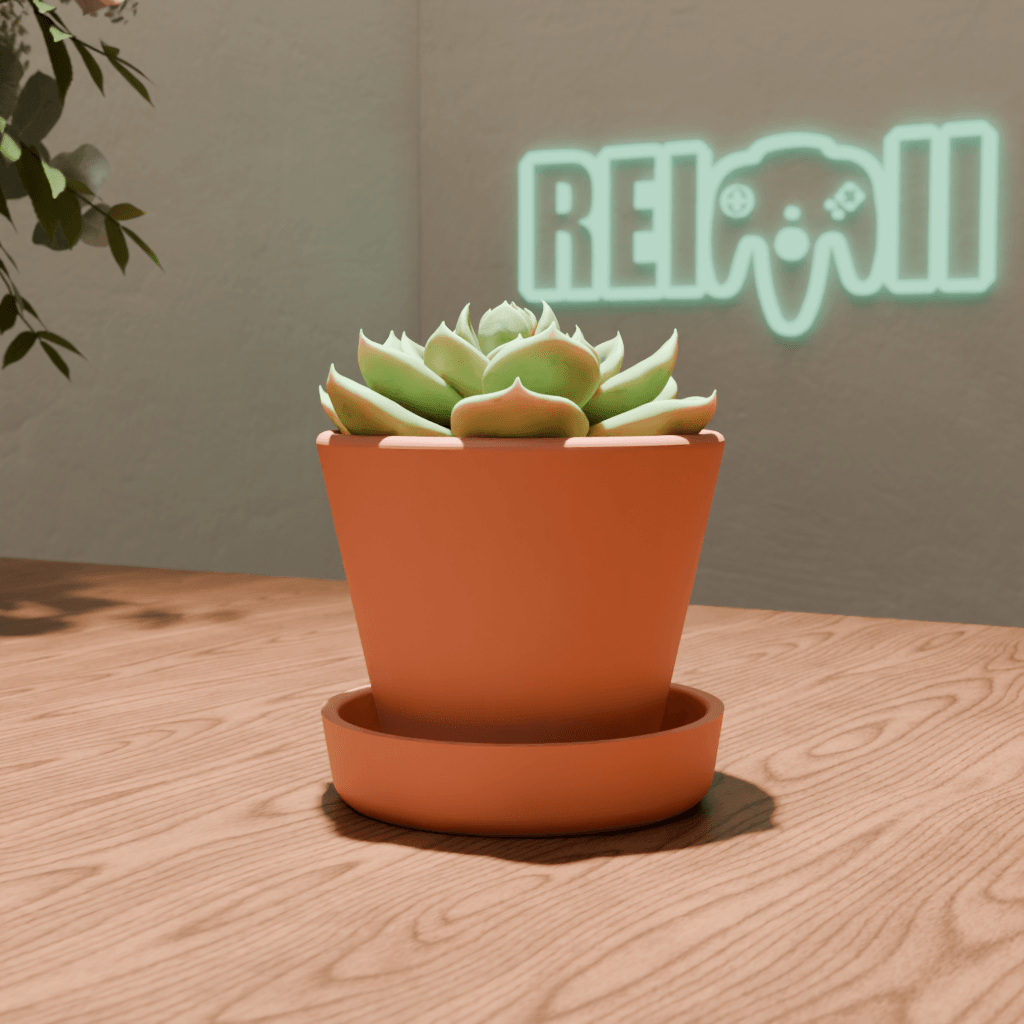 Maceta impresa en 3D con planta suculenta decorativa y plato inferior en estilo minimalista aesthetic