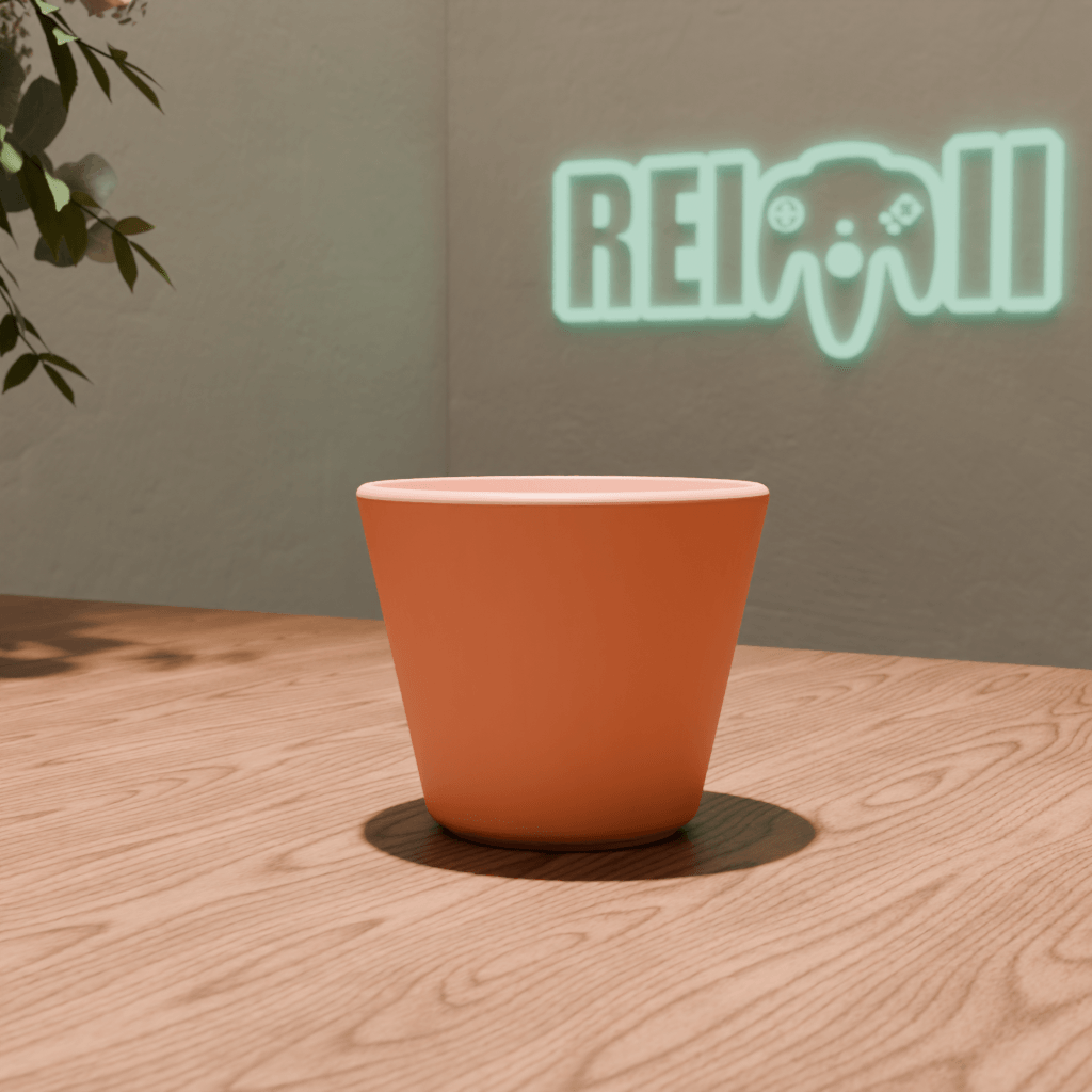 Maceta minimalista impresa en 3D en color terracota con acabado mate sobre mesa de madera