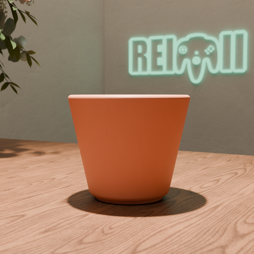 Maceta minimalista impresa en 3D en color terracota con acabado mate sobre mesa de madera