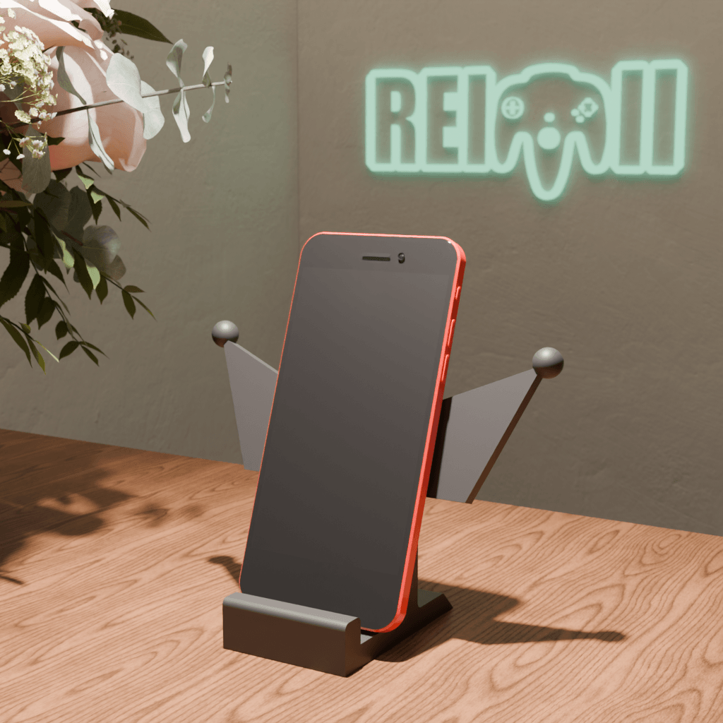 Base para móvil inspirada en Kuromi impresa en 3D con diseño minimalista y acabado negro