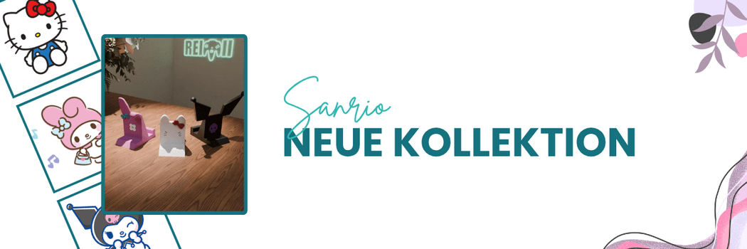 Sanrio Banner der neuen Kollektion mit 3D-gedruckten Handyhaltern von Hello Kitty, My Melody und Kuromi von REIMII 3D.